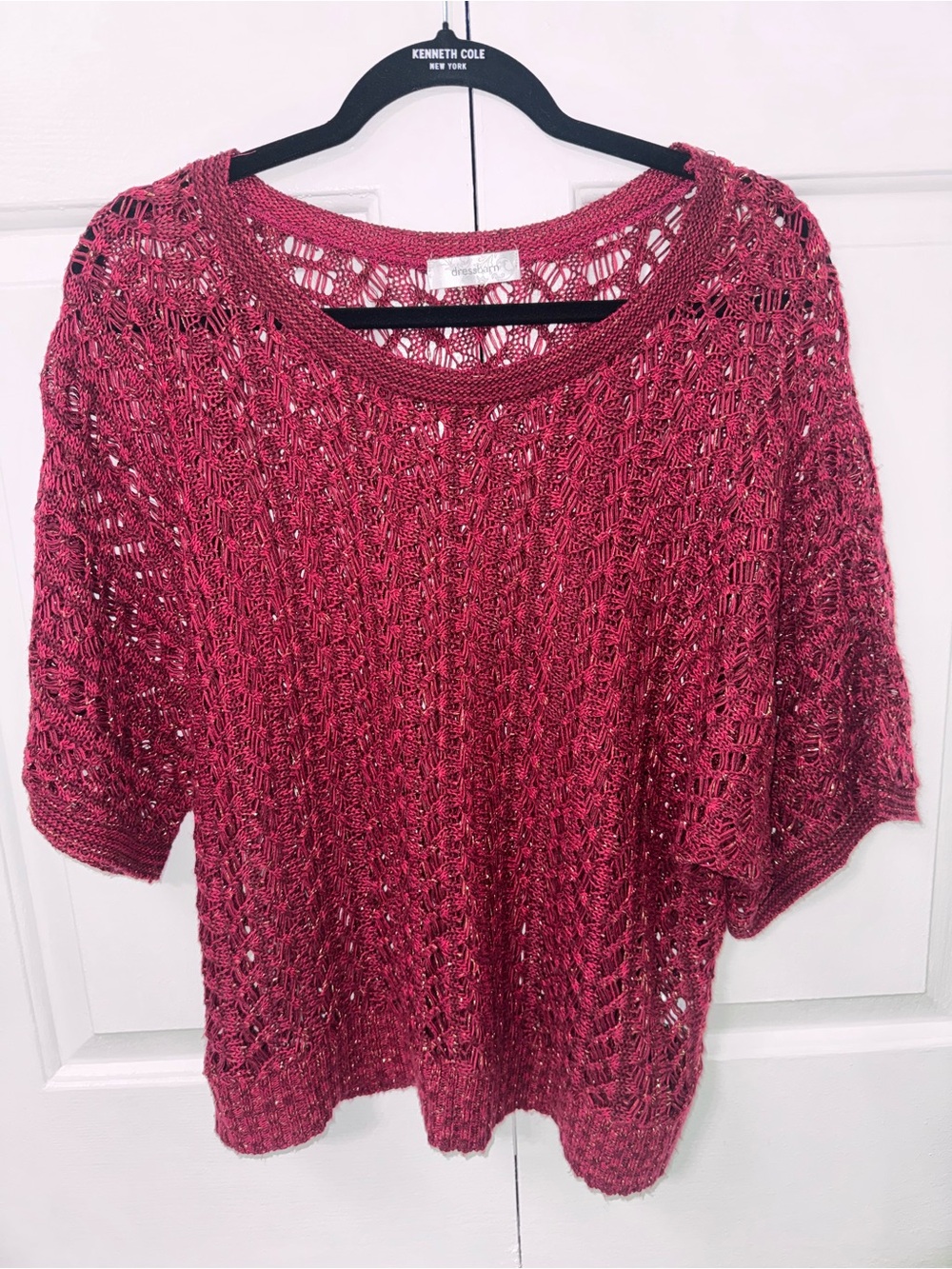Dressbarn XL Burgundy Gold Shimmer Open Knit Crochet Sweater Top 3/4 Sleeve